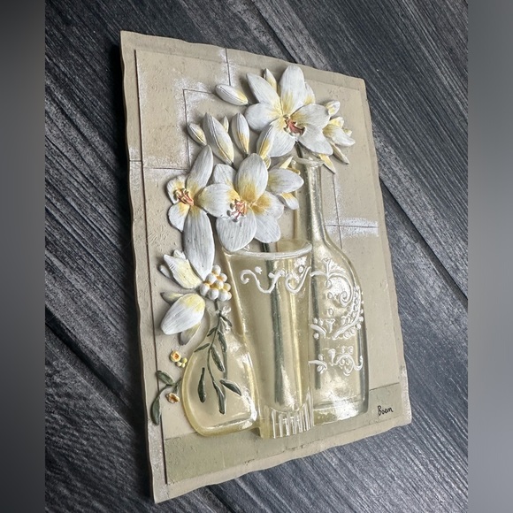 Vintage 3D Wall Art Floral Tiles White Floral in Resin Vases by Boem - Picture 9 of 10